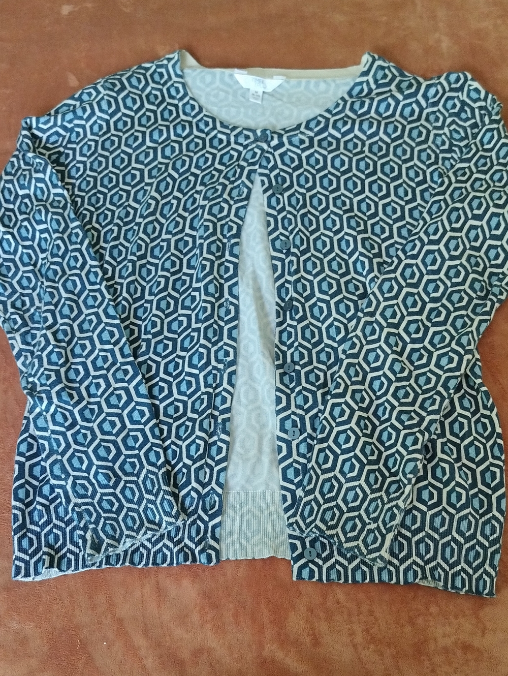 Time and Tru Blue and White Geometric Cardigan